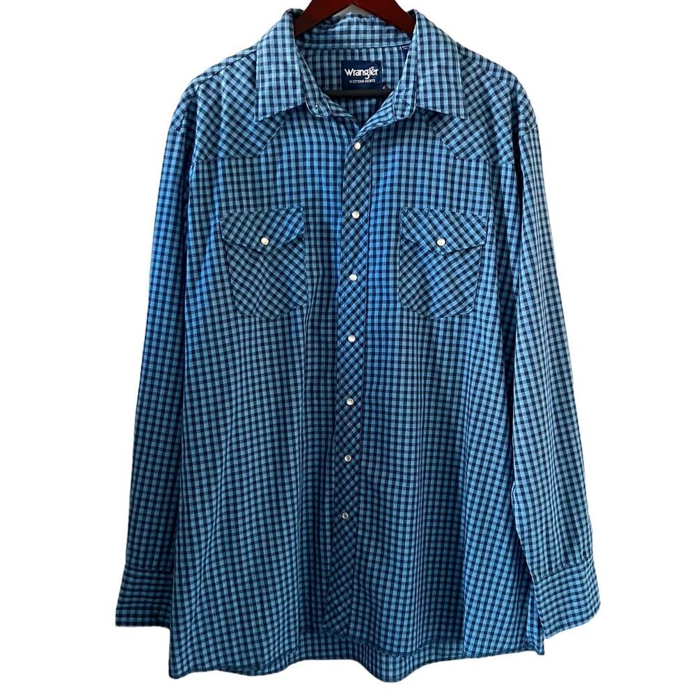 Wrangler Western Pearl Snap Long Sleeve Blue Checked Shirt Size 2XLT